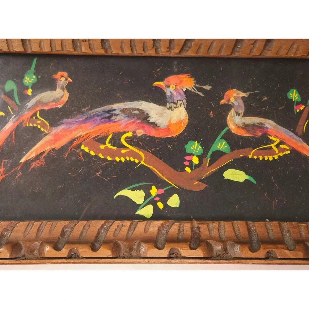 Vintage Mexican Feather Art Hand Carved Wood Bird Painting Folk Art Serving Tray